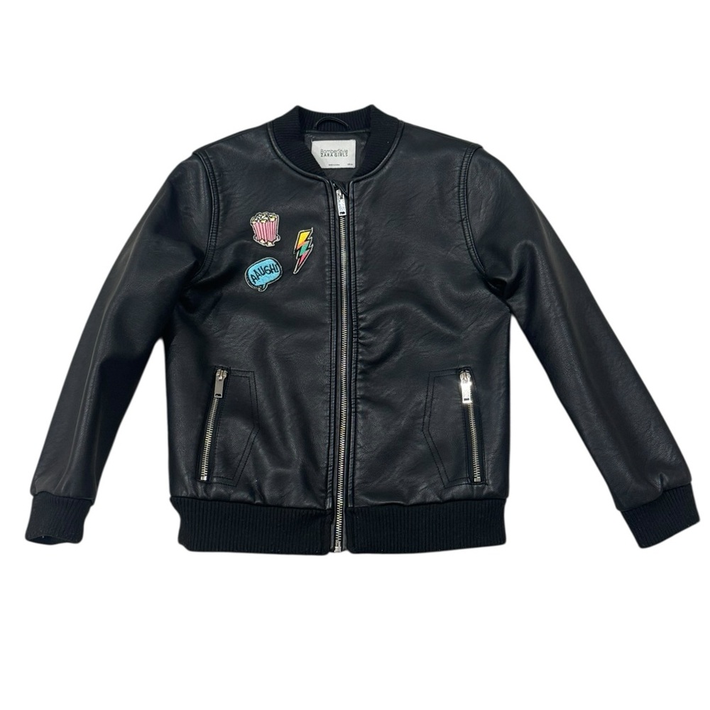 ZARA***Black Faux Leather Bomber Jacket with Patches**Age 8 $89